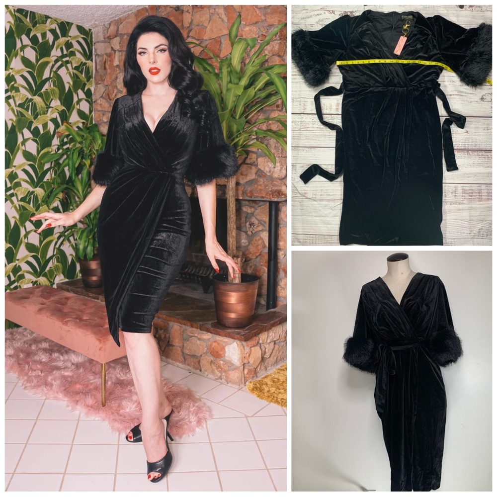 Hollywoodland Elegant Black Velvet Midi Pinup Fifth Avenue Dress Large